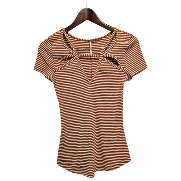 FREE PEOPLE‎ Frenchie Cut Out Top Short Sleeve Stripe Cayenne Small - Picture 4 of 7